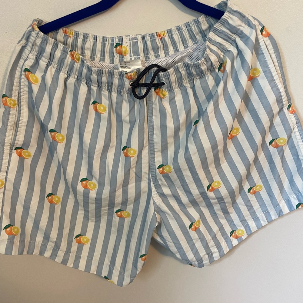 H&M Blue and White Striped Swim Trunks with Fruit Print